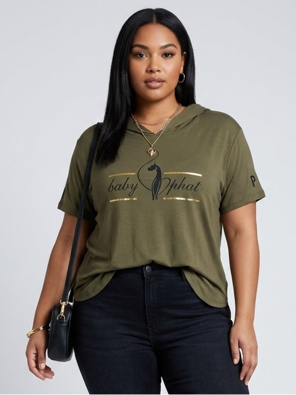 BABY PHAT | Vintage Olive Green Short-Sleeve Hooded Logo Tee with Gold Detail 2X